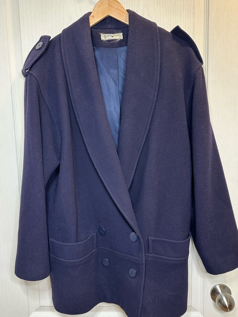 Vintage Wool Blend Navy Double-Breasted Coat Made In France Billy Bonny